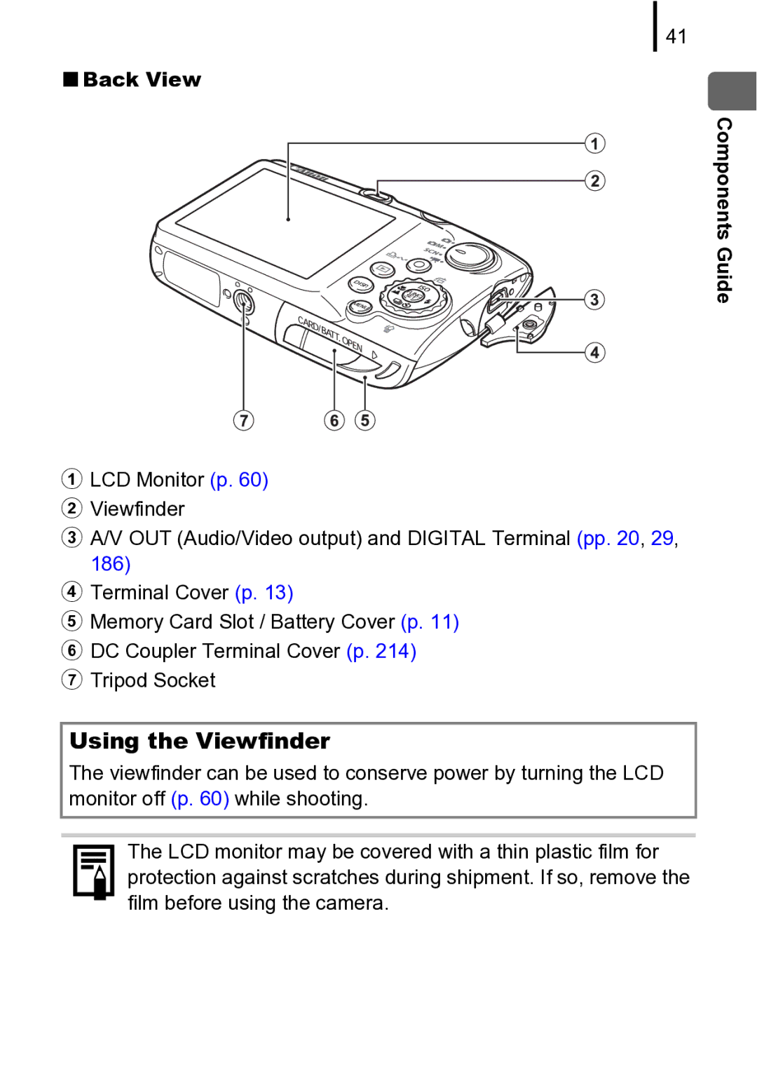 Canon 970 IS manual Using the Viewfinder, „Back View Components Guide 