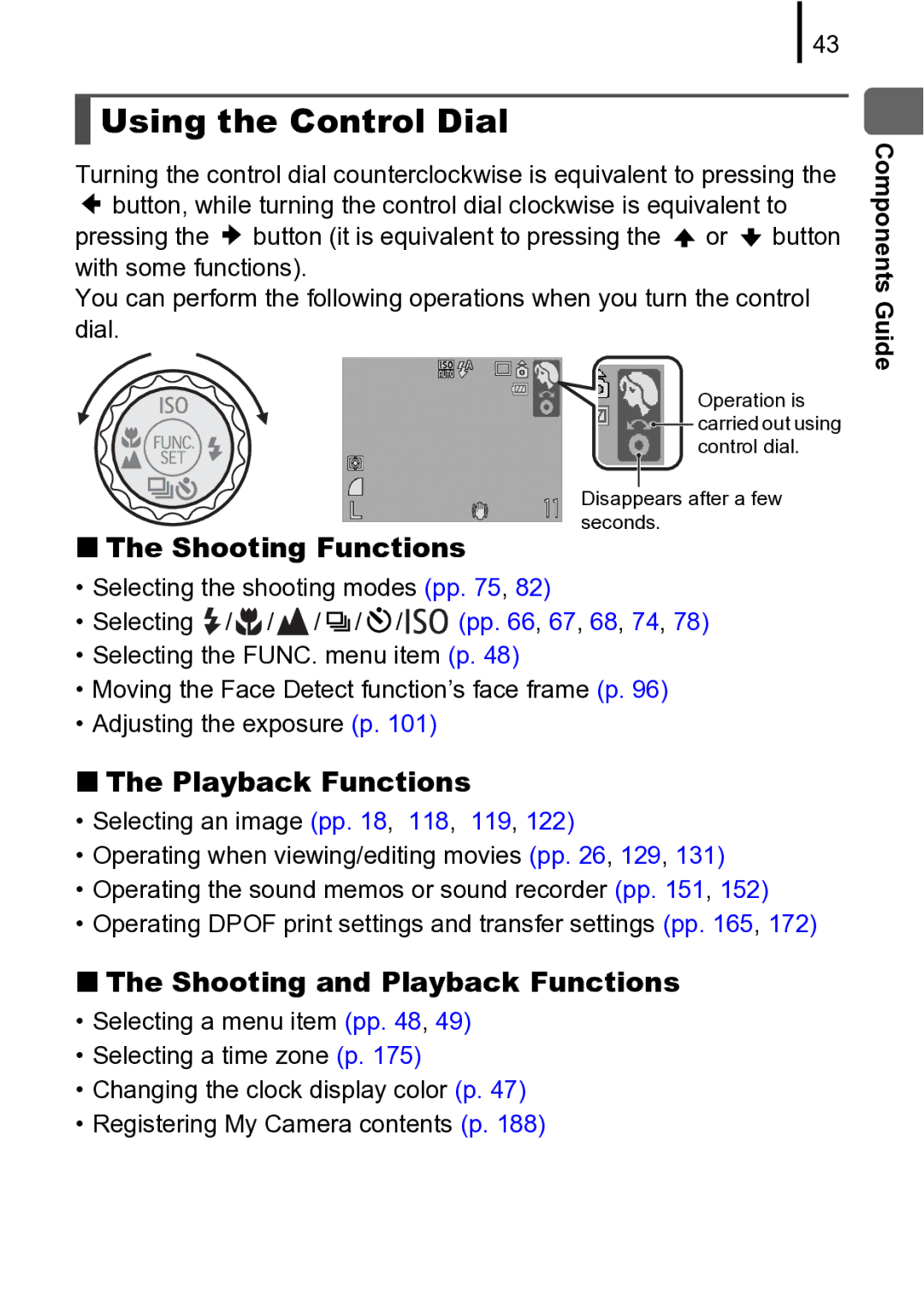 Canon 970 IS manual Using the Control Dial, „ The Shooting Functions, „ The Playback Functions 