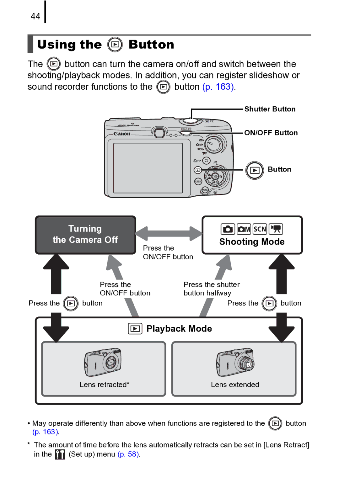 Canon 970 IS manual Using the Button, Sound recorder functions to the button p, Shooting Mode, Playback Mode 