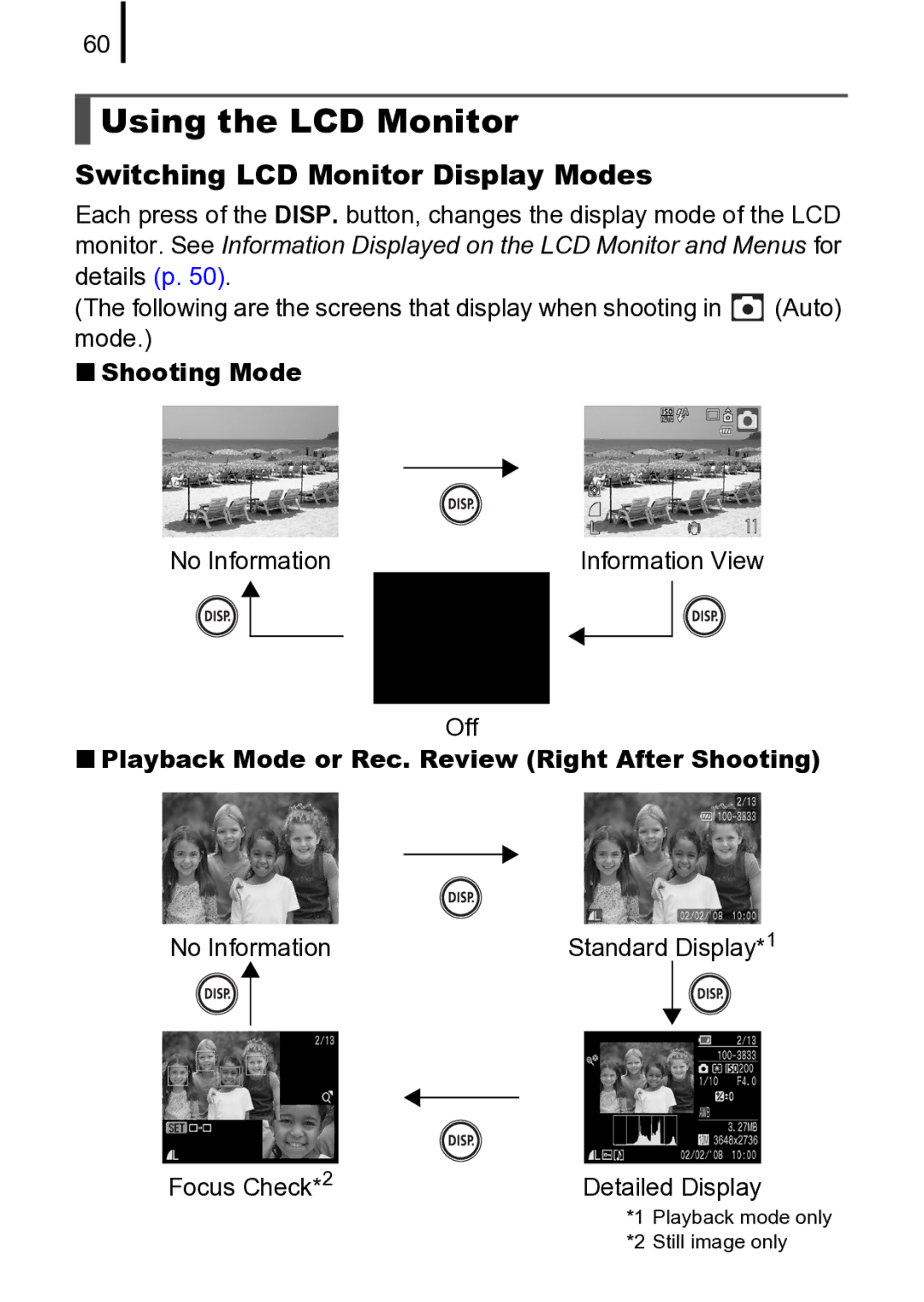 Canon 970 IS manual Using the LCD Monitor, Switching LCD Monitor Display Modes, „ Shooting Mode, No Information 