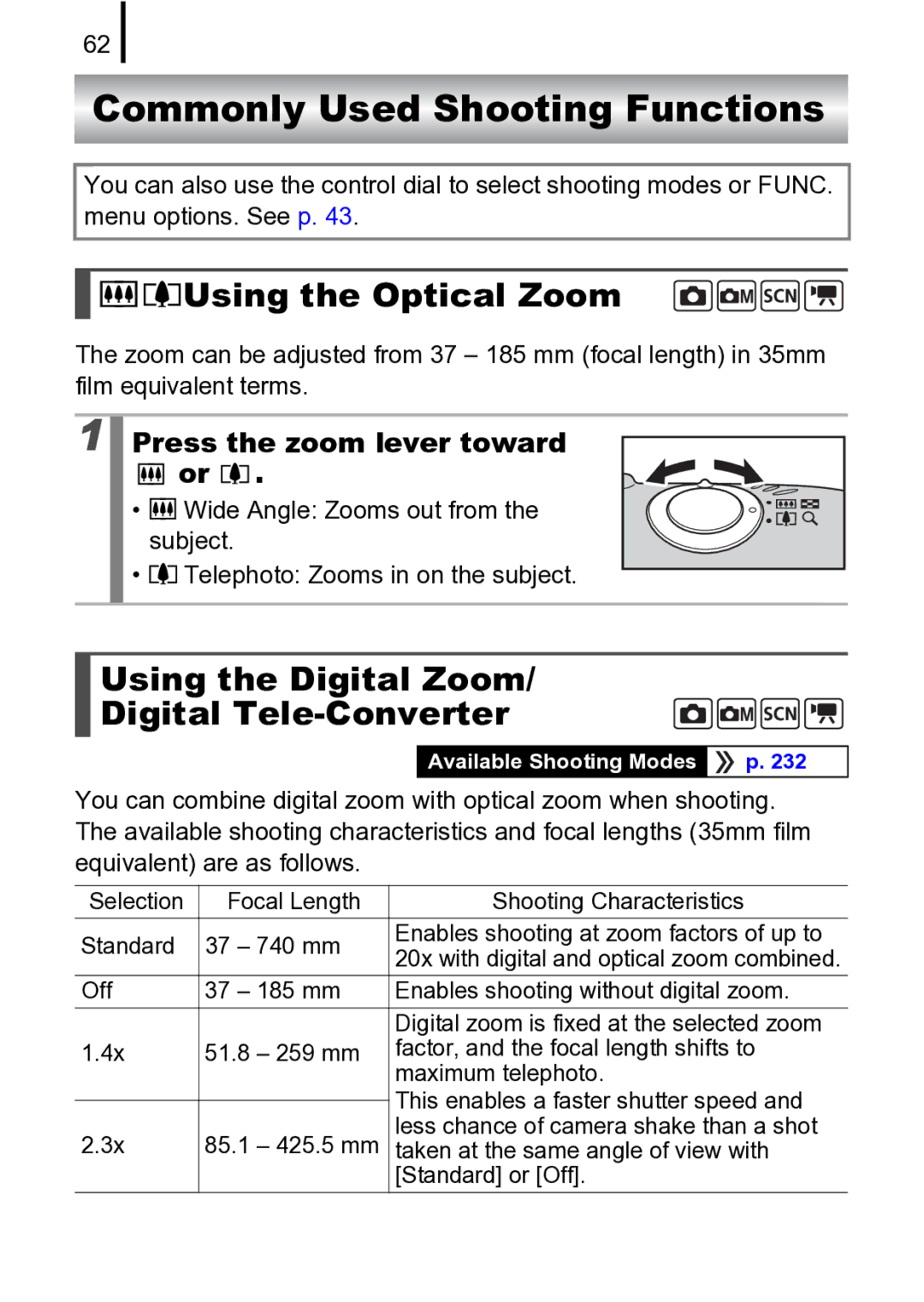 Canon 970 IS manual Commonly Used Shooting Functions, Using the Optical Zoom, Using the Digital Zoom Digital Tele-Converter 