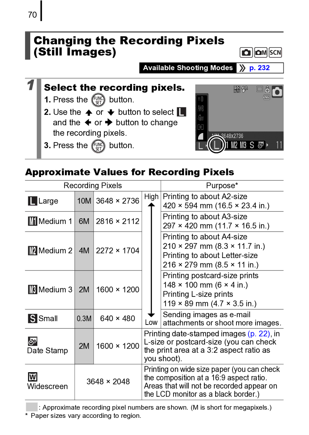 Canon 970 IS manual Changing the Recording Pixels Still Images, Select the recording pixels 