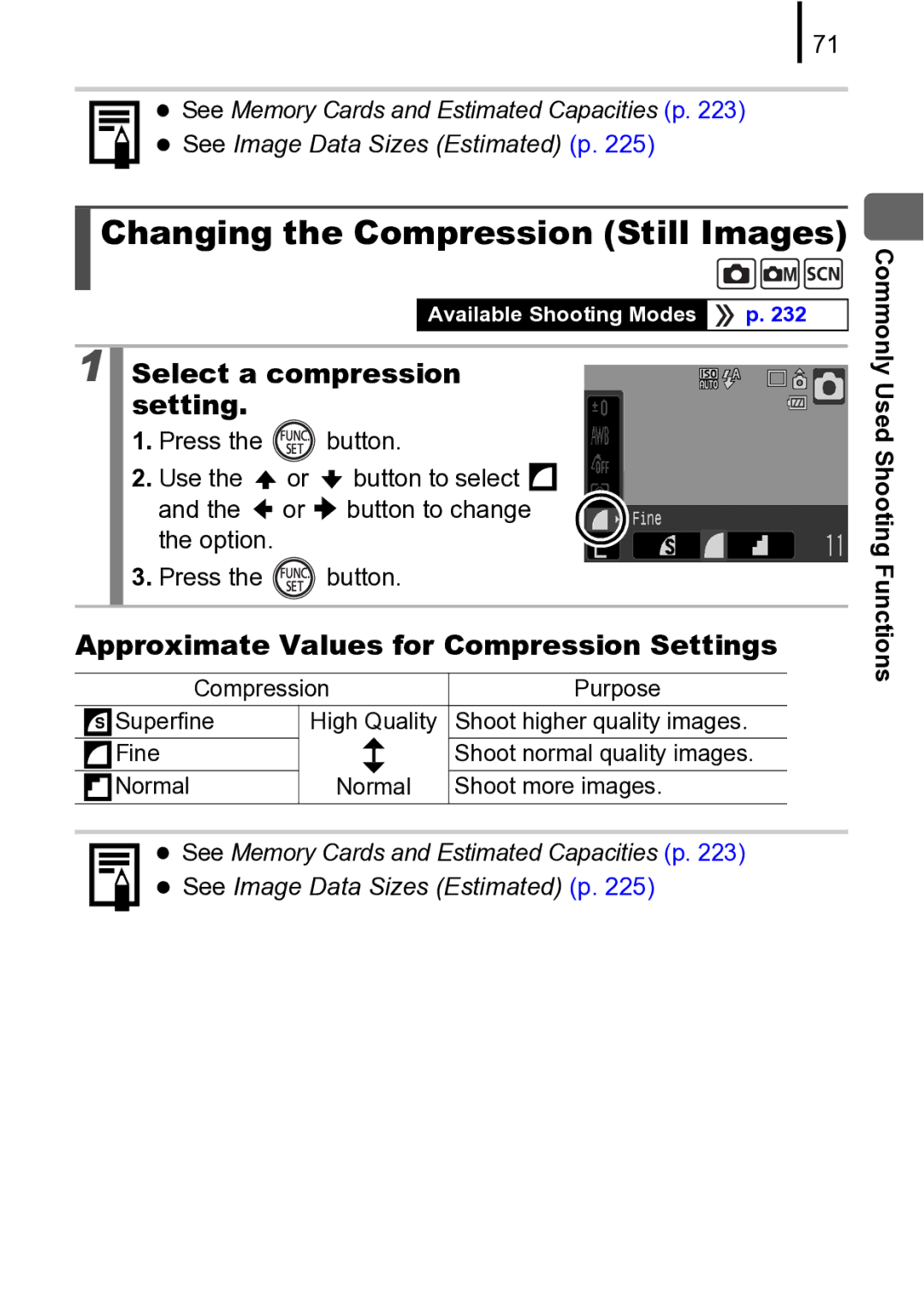 Canon 970 IS manual Select a compression setting, Approximate Values for Compression Settings 