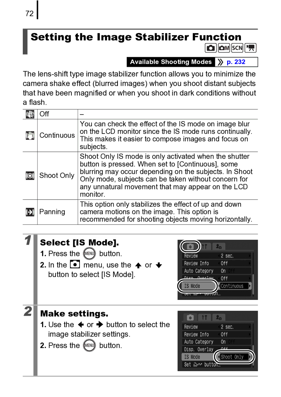 Canon 970 IS Setting the Image Stabilizer Function, Select is Mode, Press Button Menu, use the or Button to select is Mode 