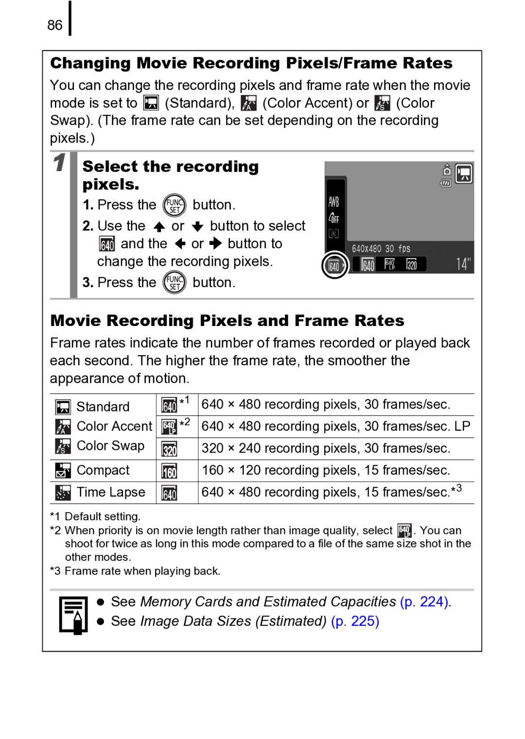 Canon 970 IS manual Changing Movie Recording Pixels/Frame Rates, Movie Recording Pixels and Frame Rates 