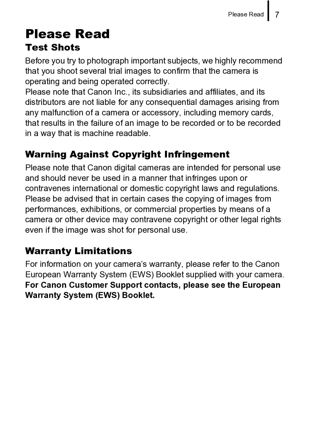 Canon 970 IS manual Please Read, Test Shots, Warranty Limitations 