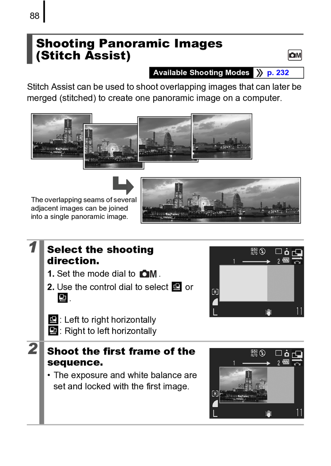 Canon 970 IS Shooting Panoramic Images Stitch Assist, Select the shooting direction, Shoot the first frame of the sequence 