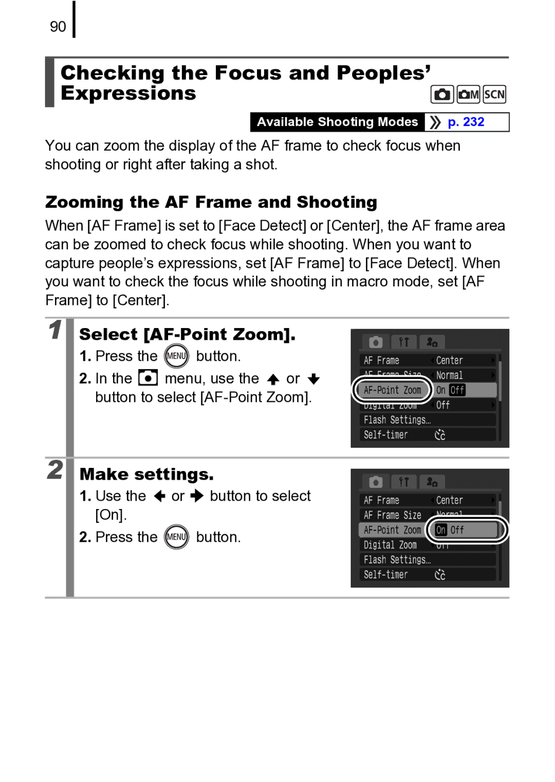 Canon 970 IS manual Checking the Focus and Peoples’ Expressions, Zooming the AF Frame and Shooting, Select AF-Point Zoom 