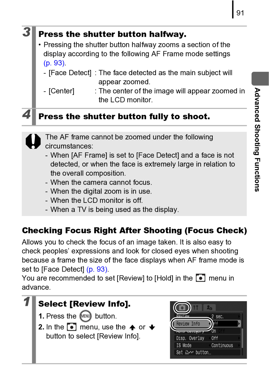 Canon 970 IS manual Press the shutter button halfway, Checking Focus Right After Shooting Focus Check, Select Review Info 