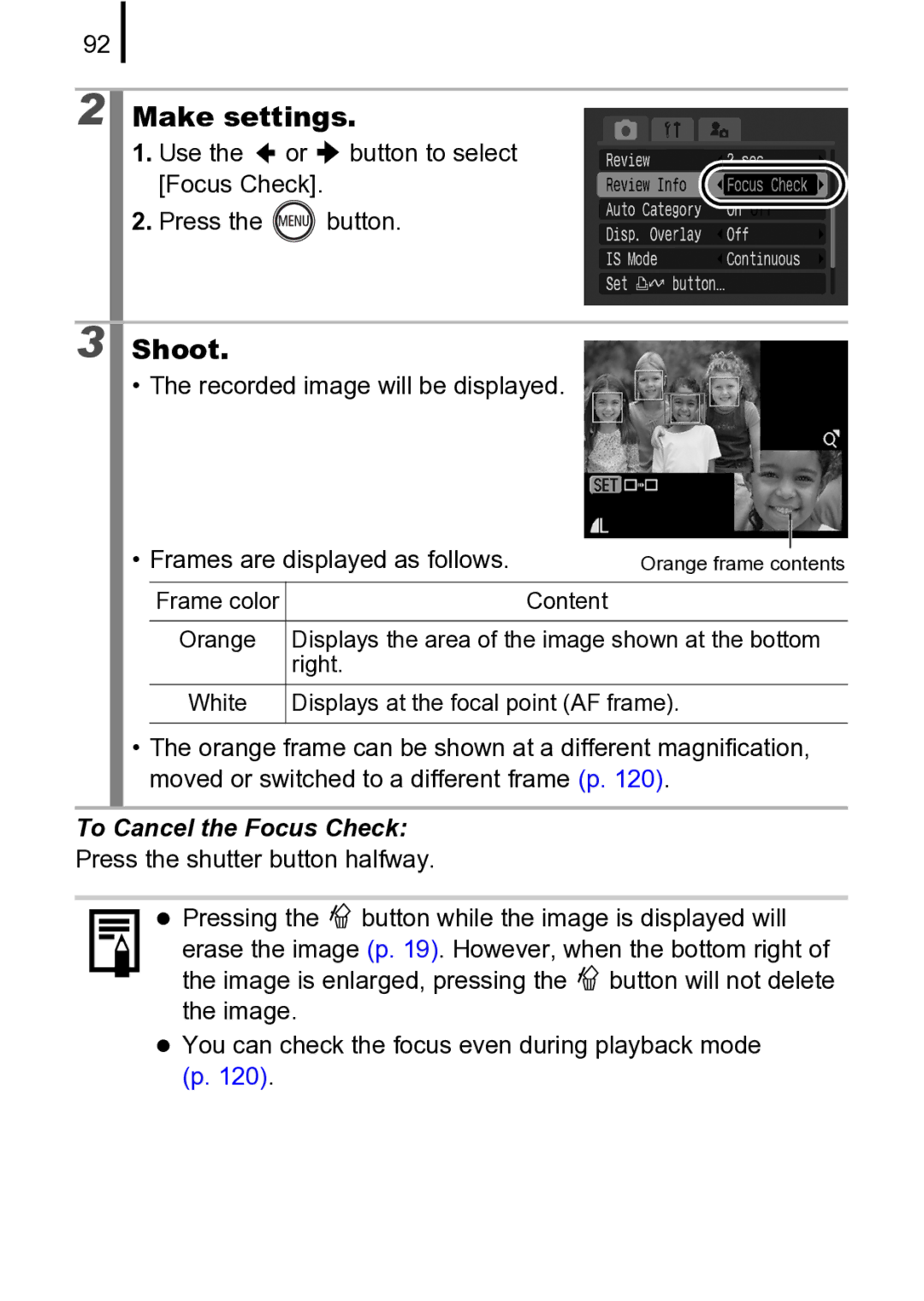 Canon 970 IS manual Use the or button to select Focus Check Press the button, To Cancel the Focus Check 