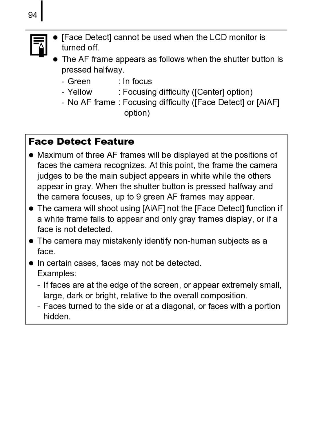 Canon 970 IS manual Face Detect Feature, No AF frame Focusing difficulty Face Detect or AiAF option 