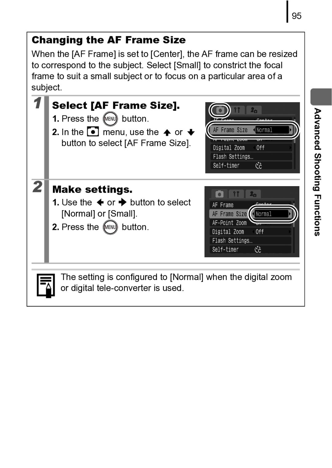 Canon 970 IS manual Changing the AF Frame Size, Select AF Frame Size 