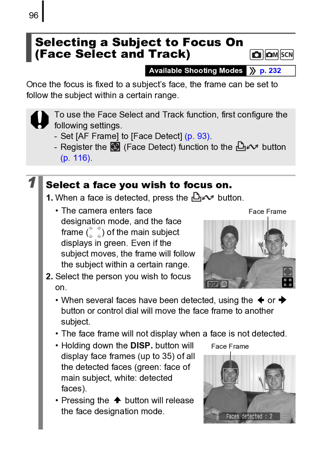 Canon 970 IS manual Selecting a Subject to Focus On Face Select and Track, Select a face you wish to focus on 