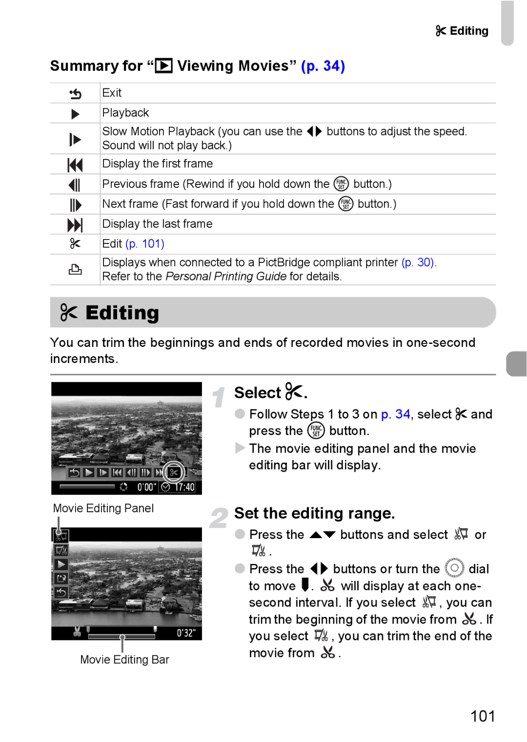 Canon 990 IS manual Editing, Set the editing range, 101, Summary for 1 Viewing Movies p 