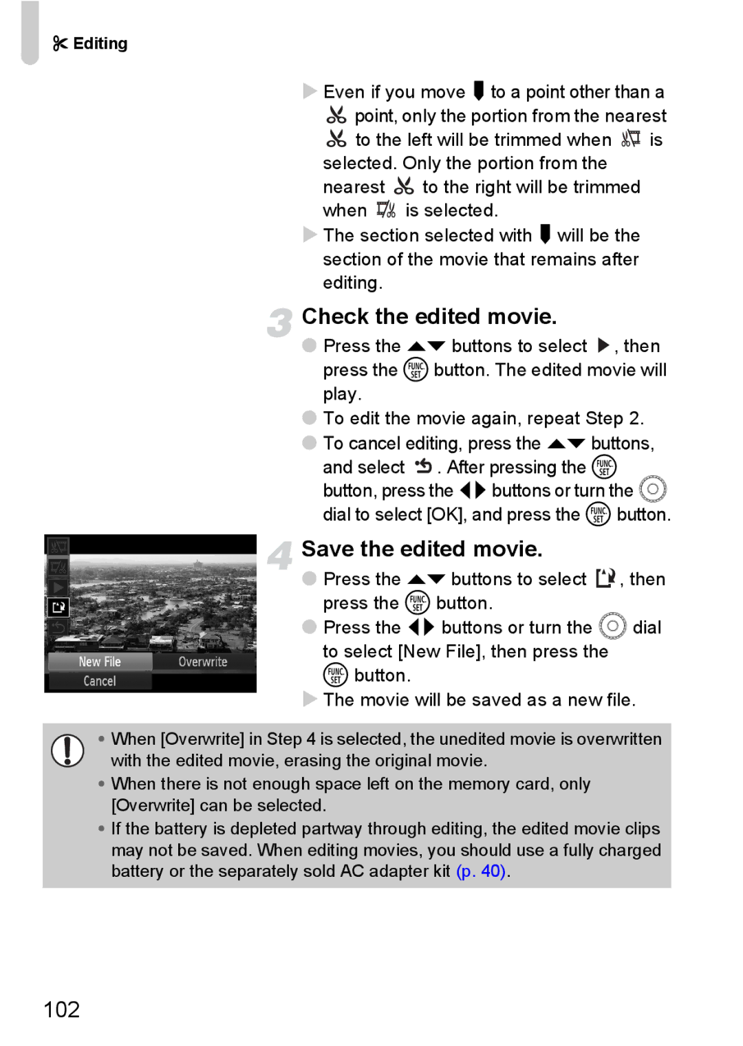 Canon 990 IS manual Check the edited movie, Save the edited movie, 102 