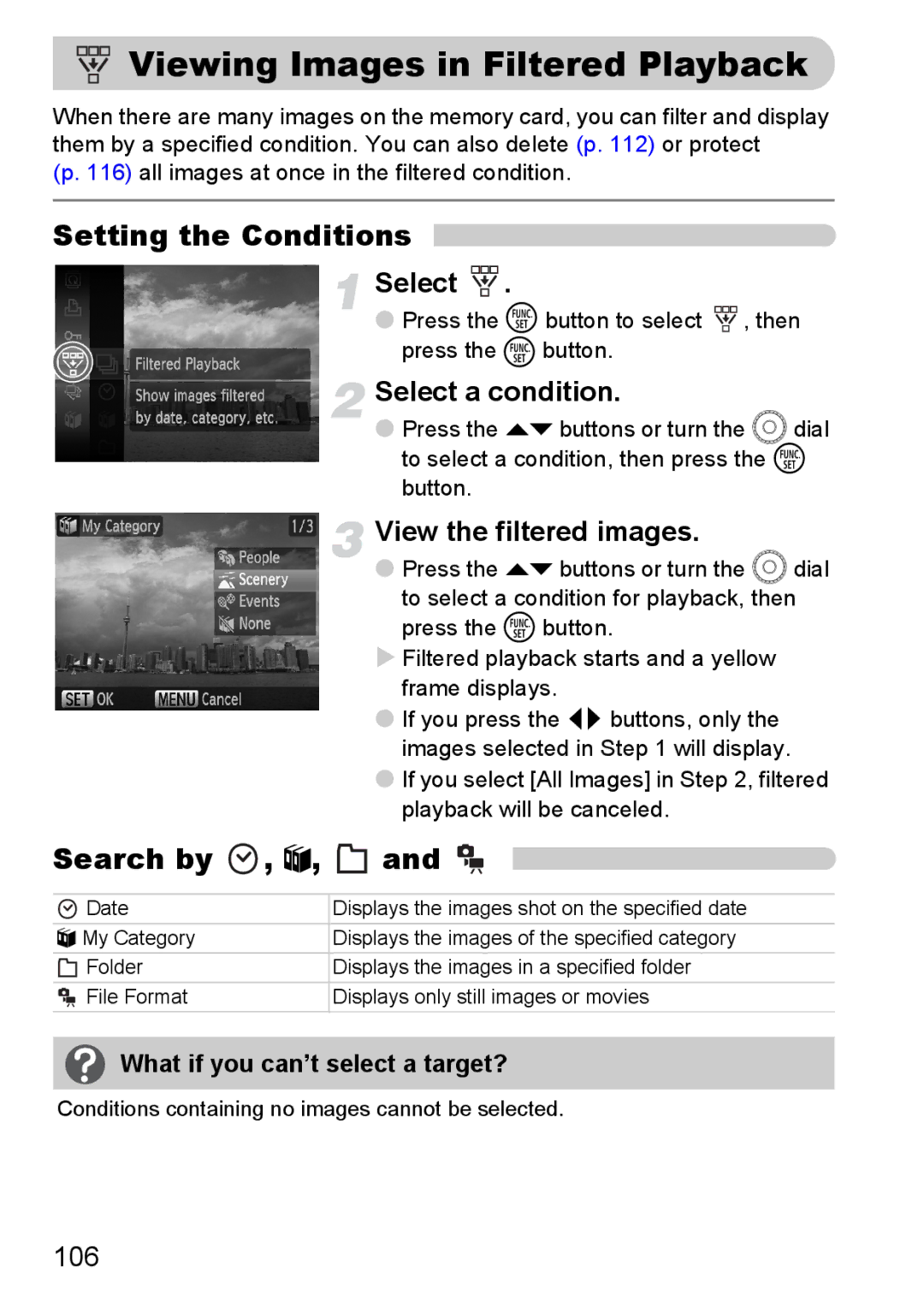 Canon 990 IS manual Viewing Images in Filtered Playback, Setting the Conditions, Search by, Select a condition 