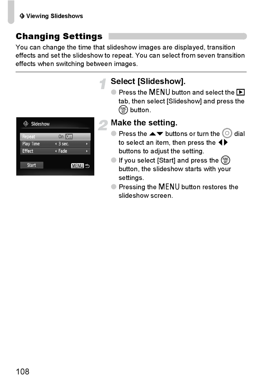 Canon 990 IS manual Changing Settings, Select Slideshow, 108 