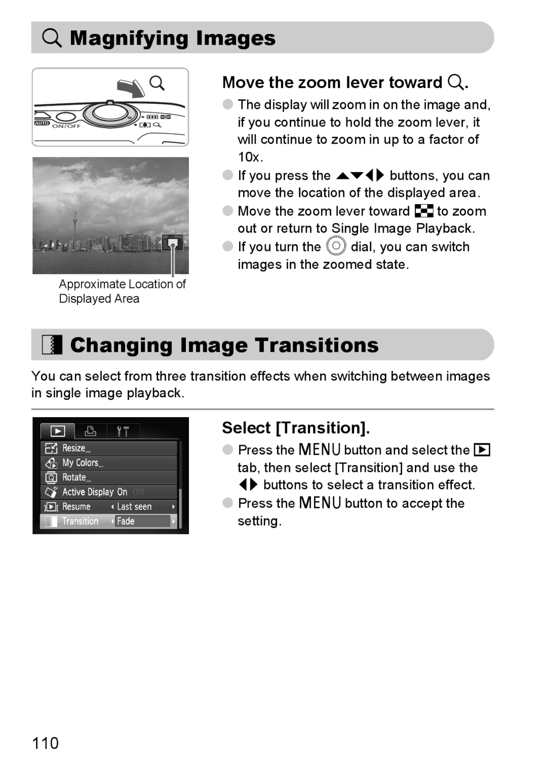 Canon 990 IS manual Magnifying Images, + Changing Image Transitions, Move the zoom lever toward k, Select Transition, 110 