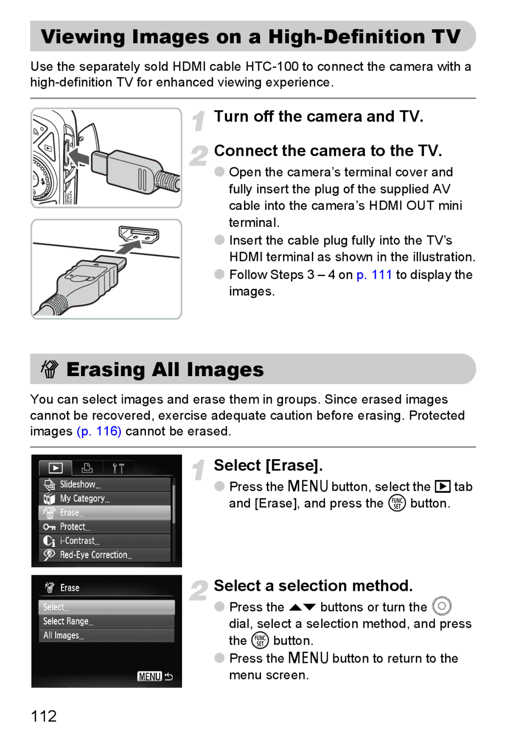 Canon 990 IS manual Viewing Images on a High-Definition TV, Erasing All Images, Select Erase, Select a selection method 