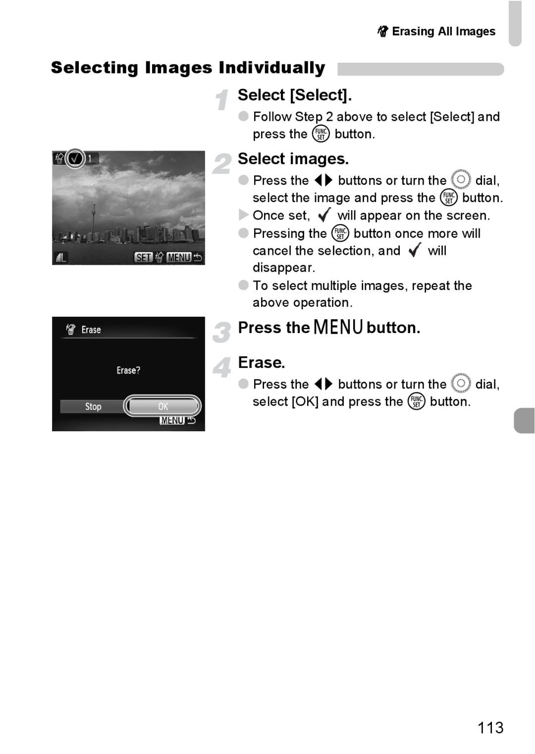 Canon 990 IS manual Selecting Images Individually, Select Select, Select images, Press the nbutton Erase, 113 