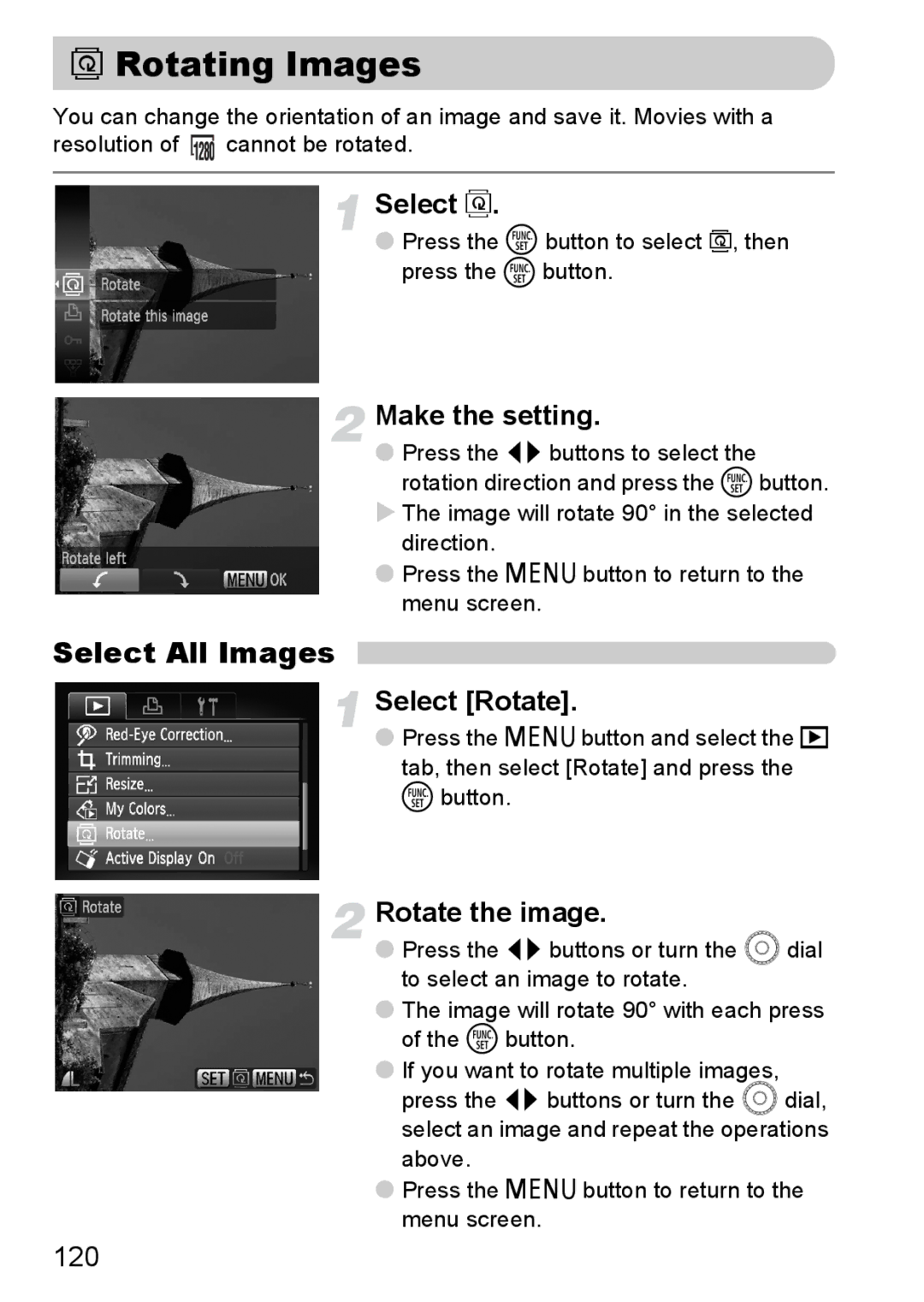 Canon 990 IS manual Rotating Images, Select Rotate, Rotate the image, 120 