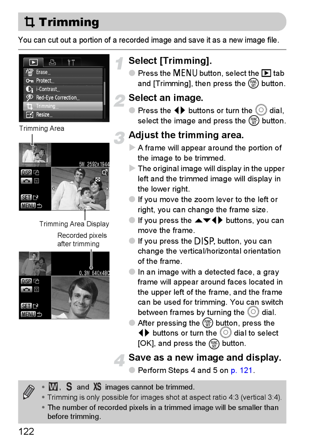 Canon 990 IS manual Select Trimming, Adjust the trimming area, Save as a new image and display, 122 