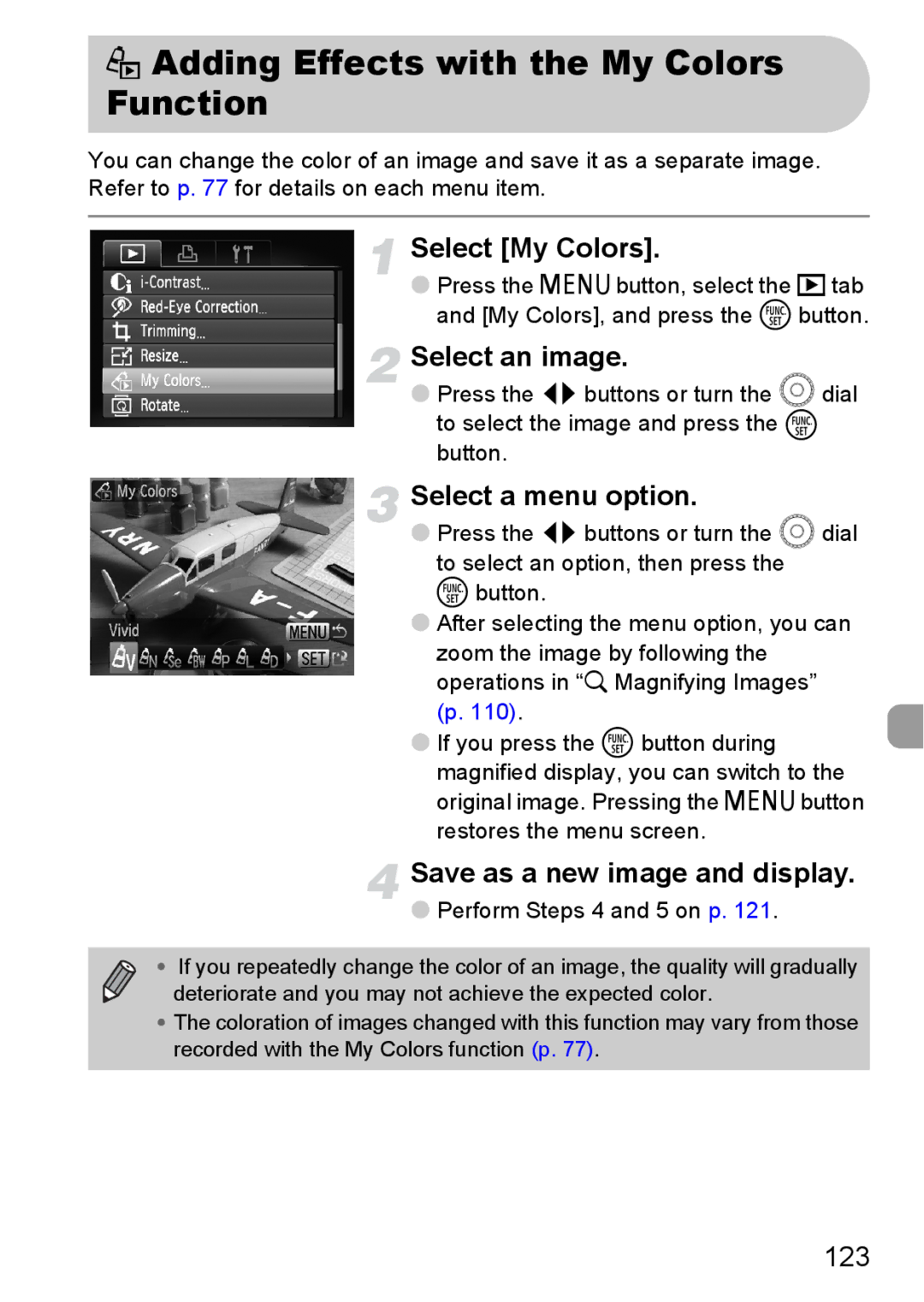 Canon 990 IS manual ? Adding Effects with the My Colors Function, Select a menu option, 123 