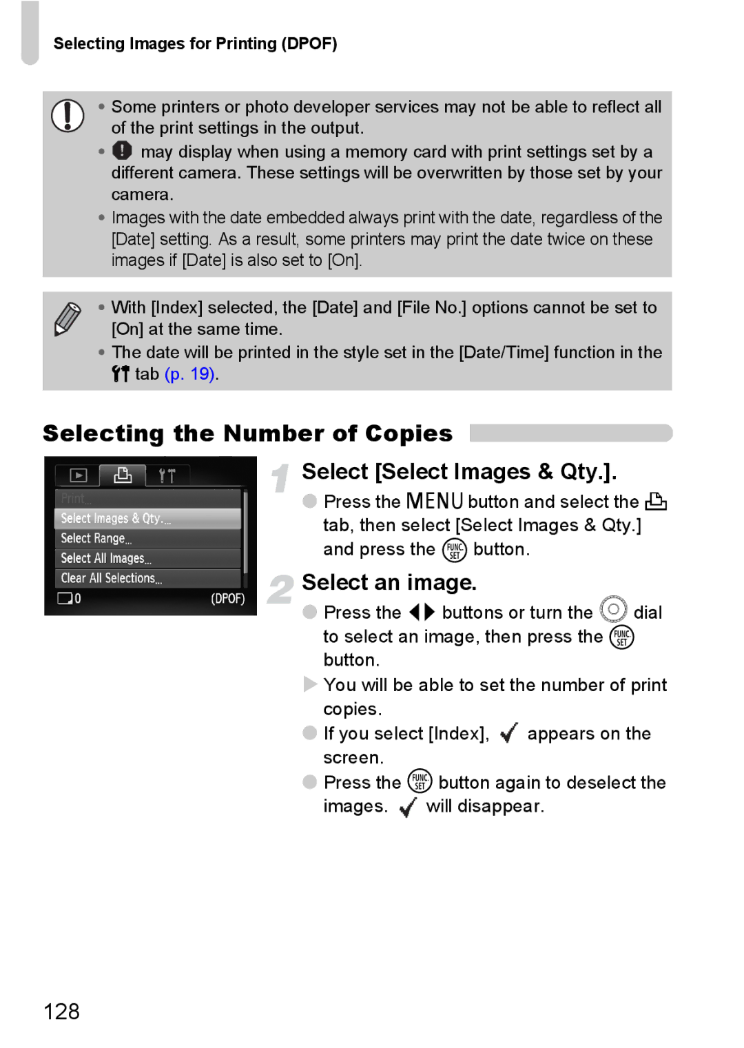 Canon 990 IS manual Selecting the Number of Copies, Select Select Images & Qty, 128, Selecting Images for Printing Dpof 