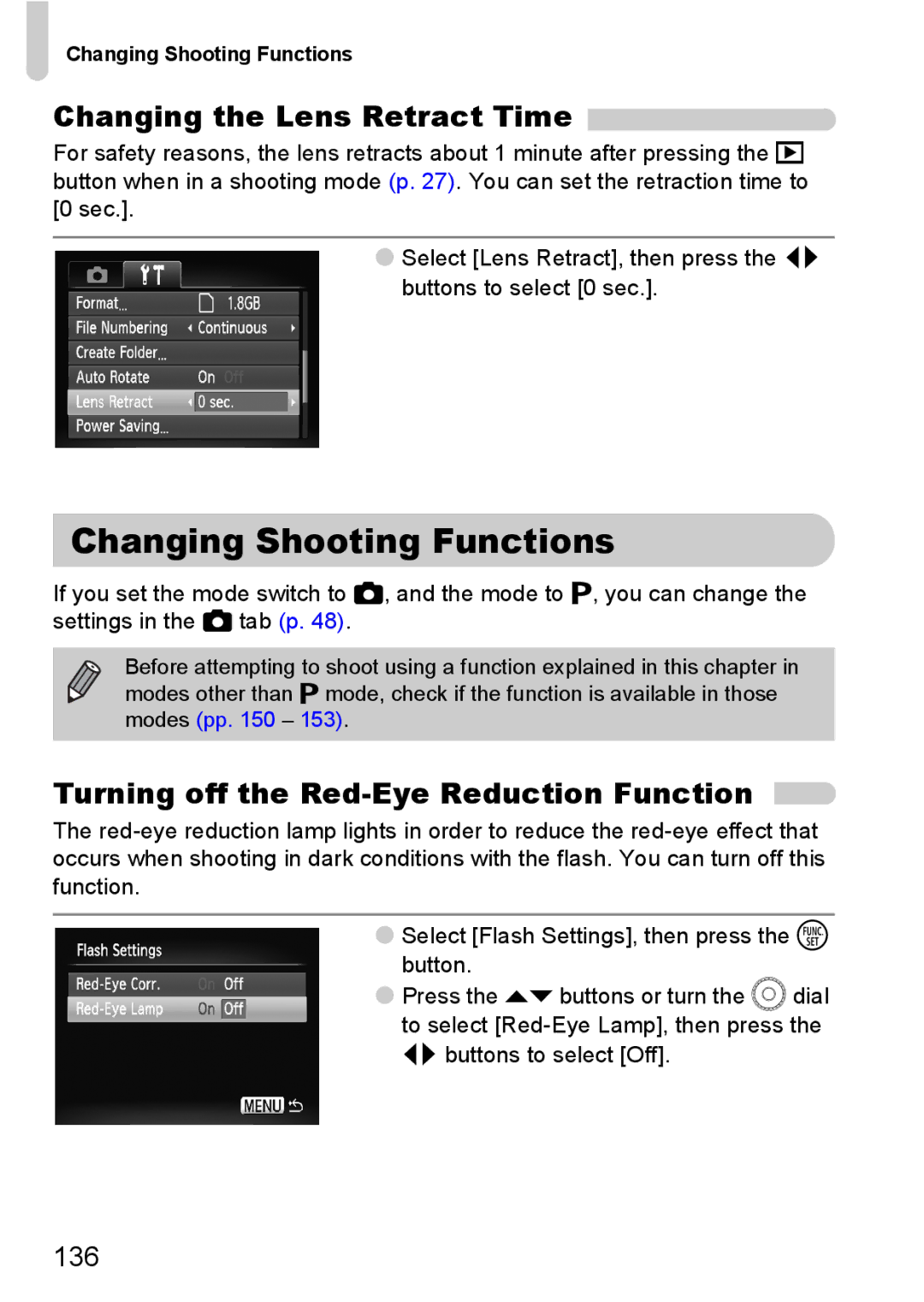 Canon 990 IS Changing Shooting Functions, Changing the Lens Retract Time, Turning off the Red-Eye Reduction Function, 136 