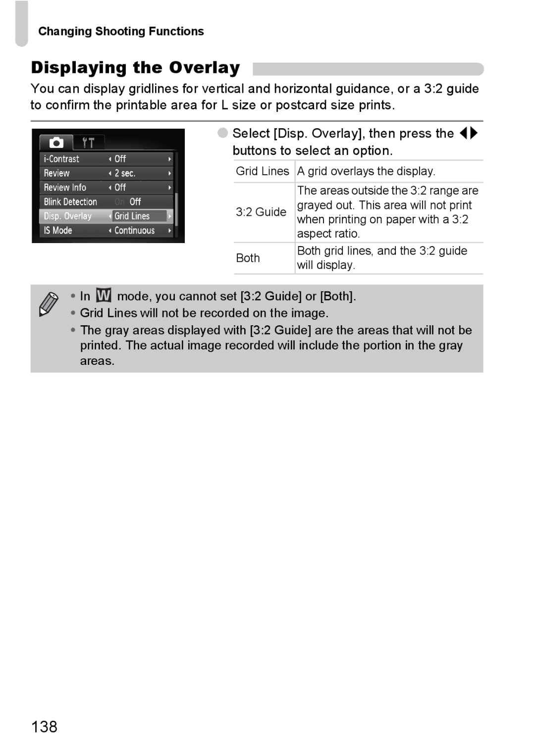 Canon 990 IS manual Displaying the Overlay, 138 