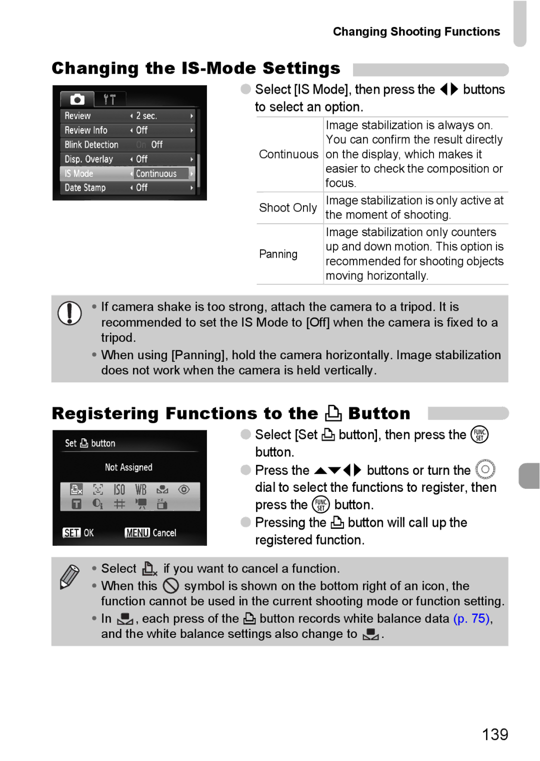 Canon 990 IS manual Changing the IS-Mode Settings, Registering Functions to the c Button, 139 