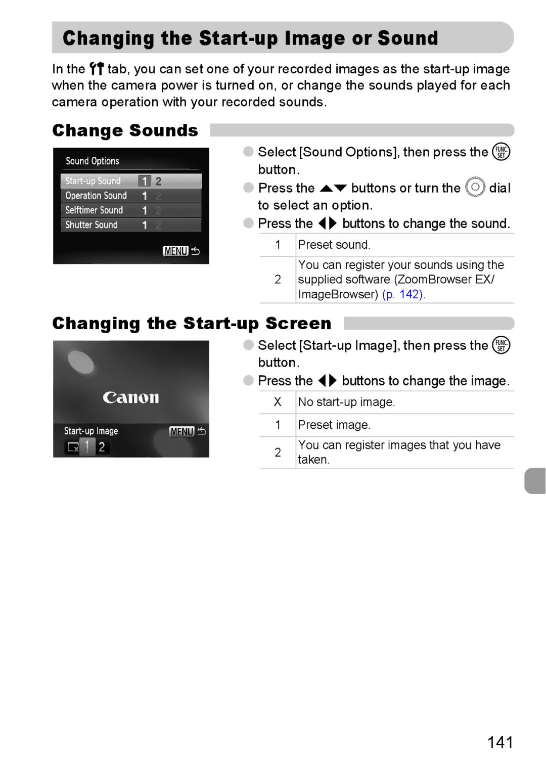 Canon 990 IS manual Changing the Start-up Image or Sound, Change Sounds, Changing the Start-up Screen, 141 