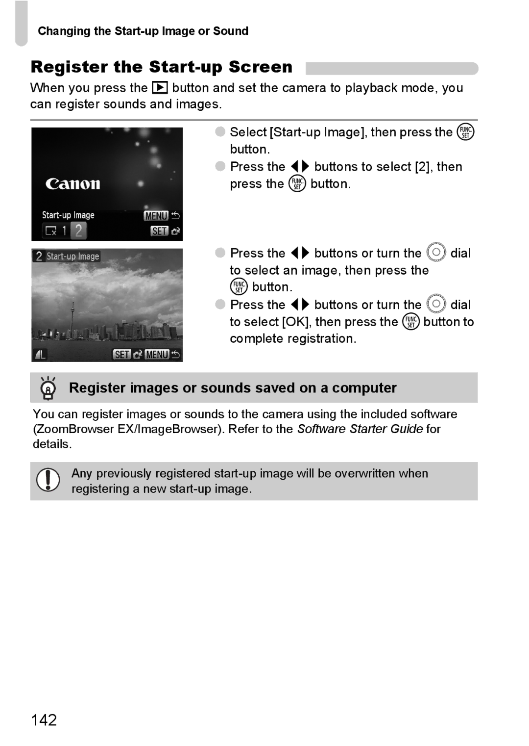 Canon 990 IS manual Register the Start-up Screen, 142, Register images or sounds saved on a computer 