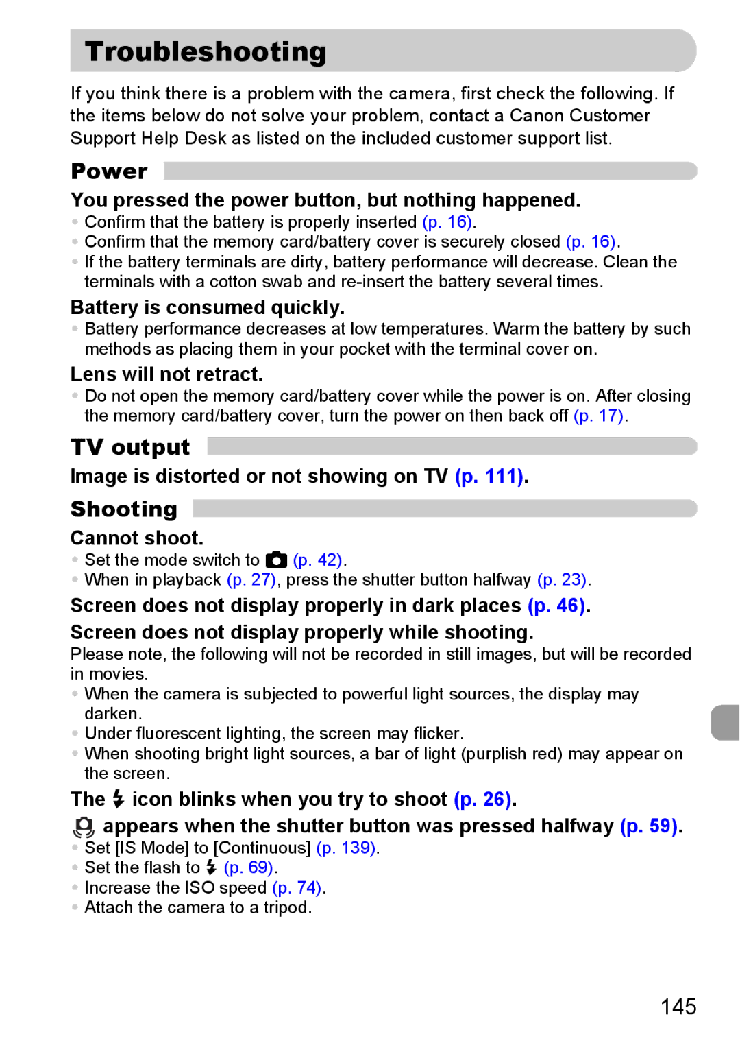 Canon 990 IS manual Troubleshooting, Power, TV output, Shooting, 145 