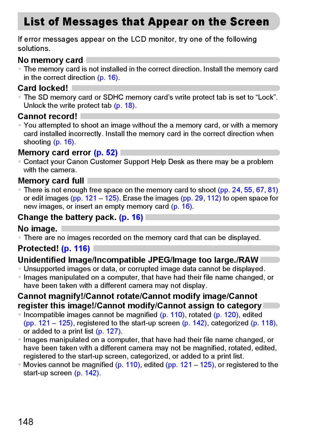 Canon 990 IS manual List of Messages that Appear on the Screen, 148 