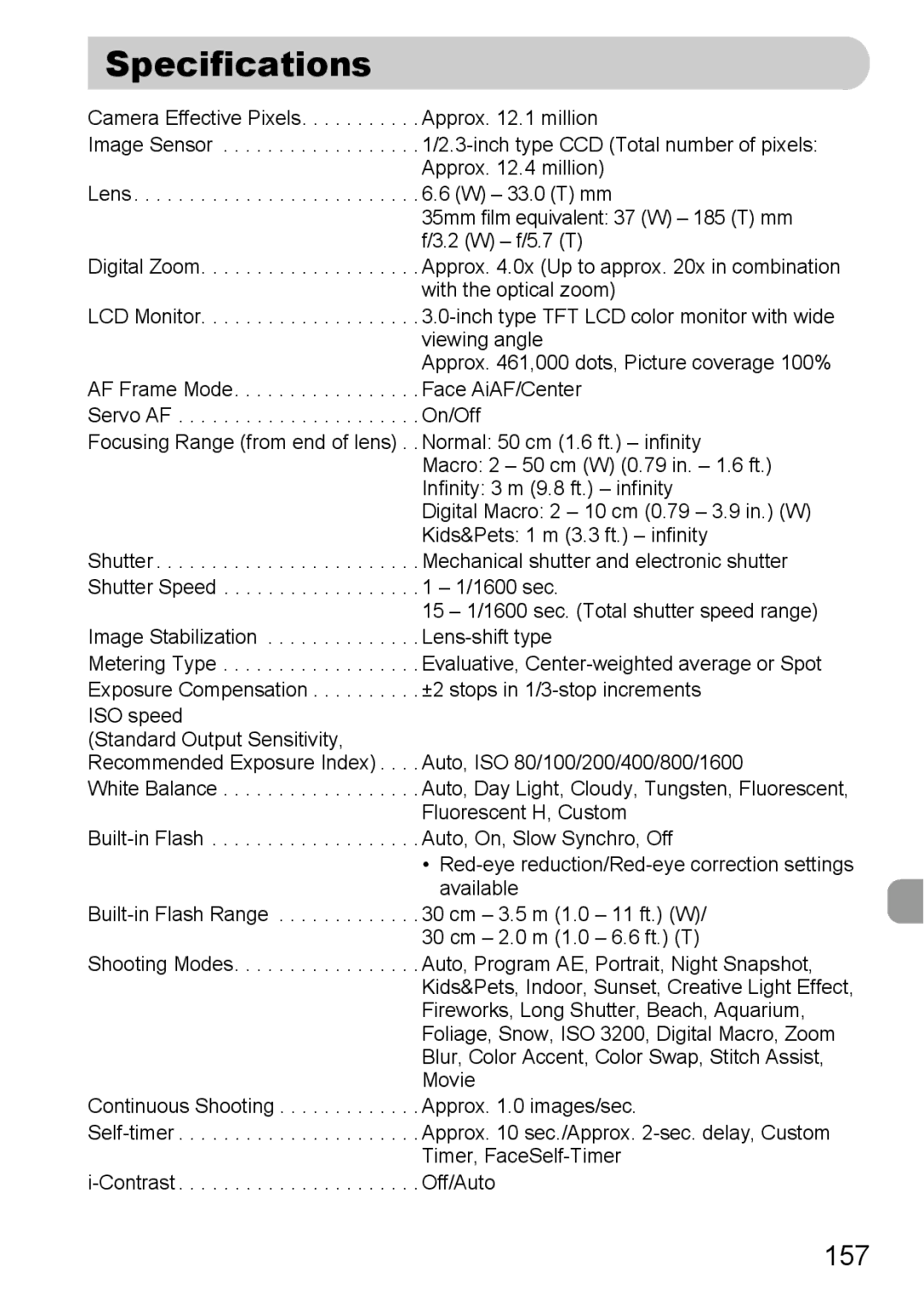 Canon 990 IS manual Specifications, 157 