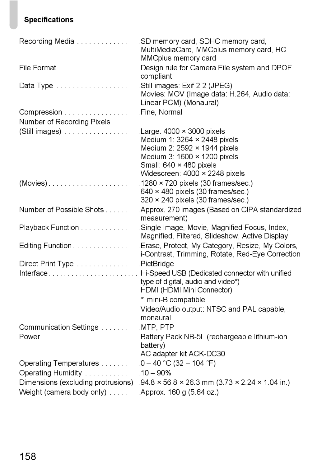 Canon 990 IS manual 158, Specifications 