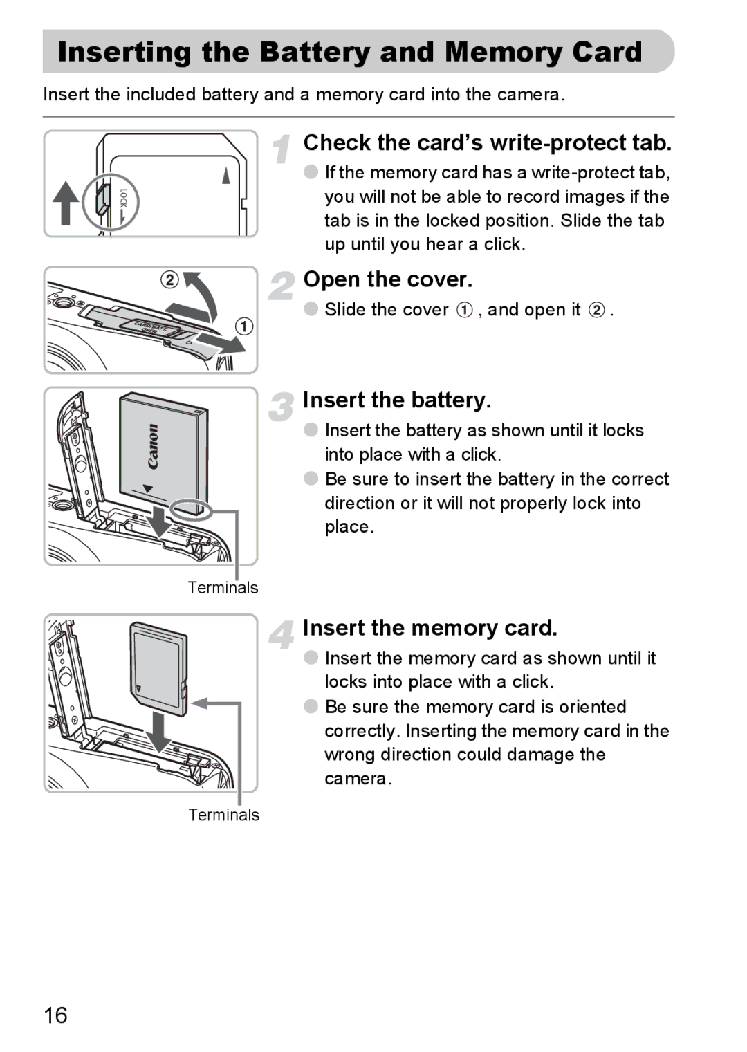 Canon 990 IS manual Inserting the Battery and Memory Card, Check the card’s write-protect tab, Open the cover 