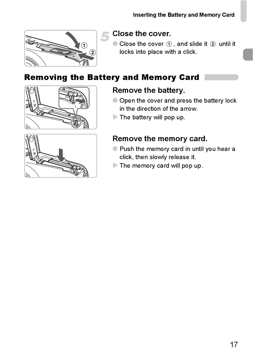 Canon 990 IS manual Removing the Battery and Memory Card, Close the cover, Remove the memory card 