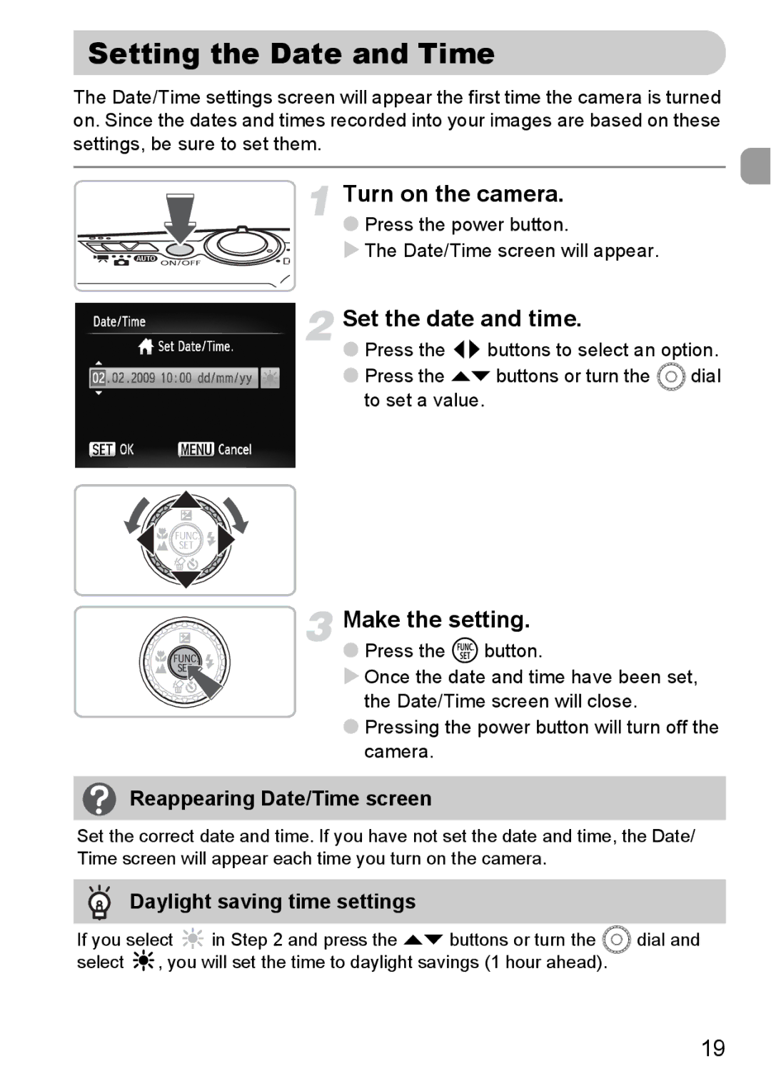 Canon 990 IS manual Setting the Date and Time, Turn on the camera, Set the date and time, Make the setting 