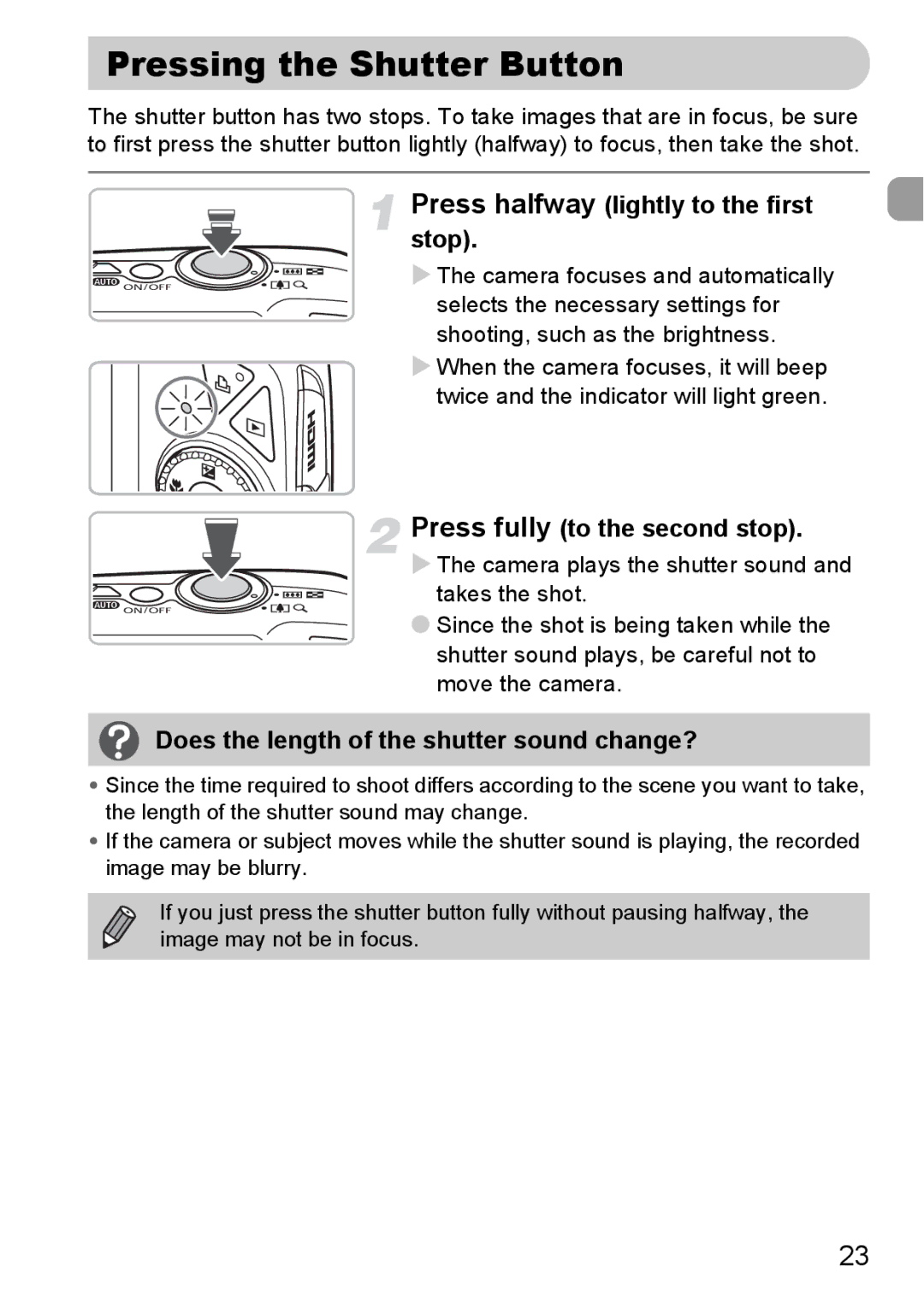 Canon 990 IS manual Pressing the Shutter Button, Press halfway lightly to the first stop, Press fully to the second stop 