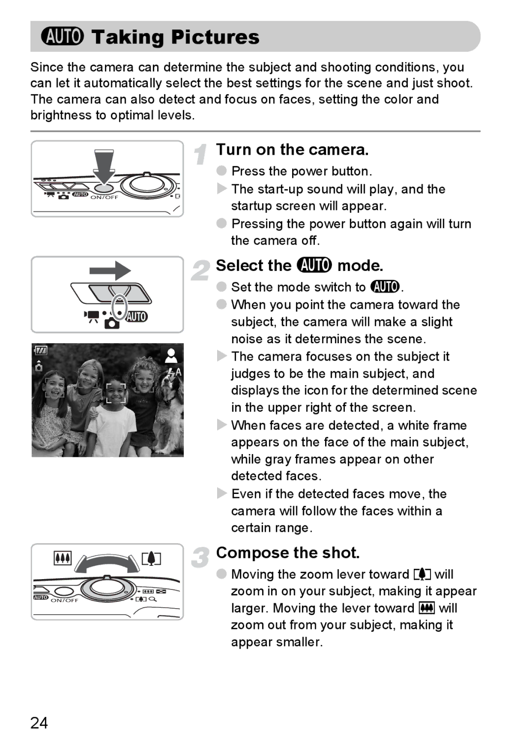 Canon 990 IS manual Taking Pictures, Select the a mode, Compose the shot 