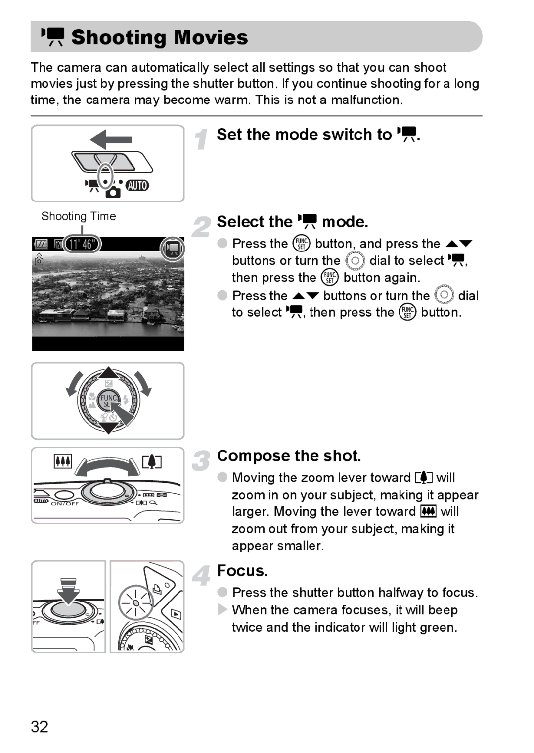 Canon 990 IS manual Shooting Movies, Set the mode switch to E, Select the E mode 