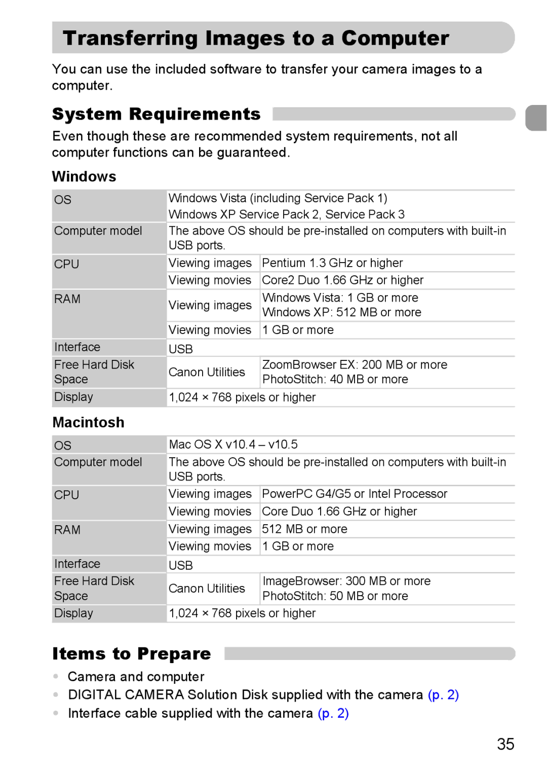 Canon 990 IS manual Transferring Images to a Computer, System Requirements, Windows, Macintosh 