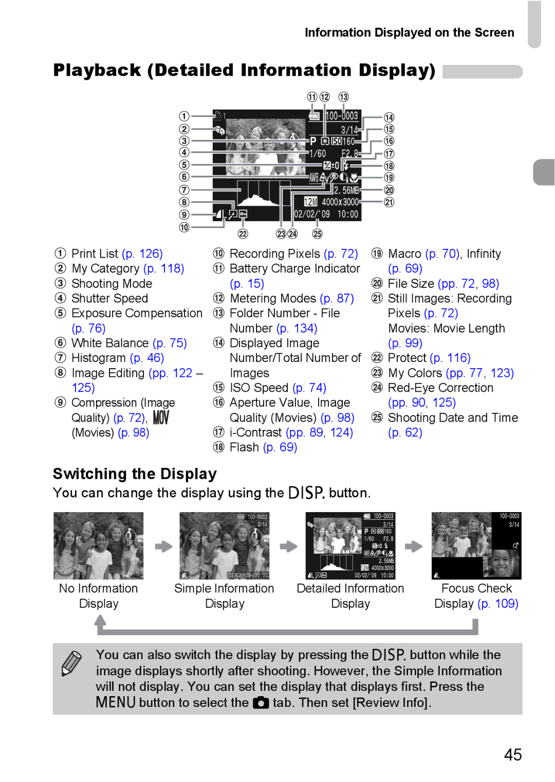 Canon 990 IS manual Playback Detailed Information Display, Information Displayed on the Screen 