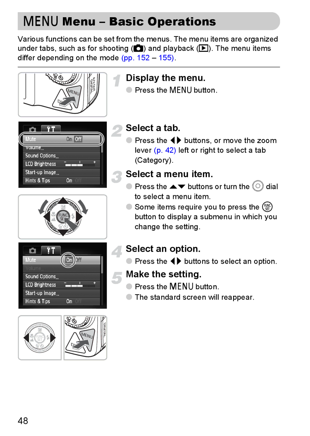 Canon 990 IS manual Menu Basic Operations, Display the menu, Select a tab, Press the qrbuttons to select an option 