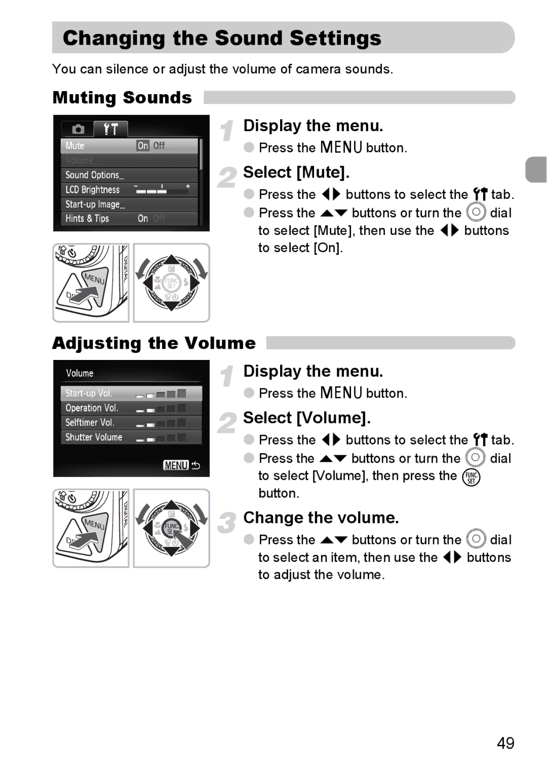 Canon 990 IS manual Changing the Sound Settings, Muting Sounds, Adjusting the Volume 