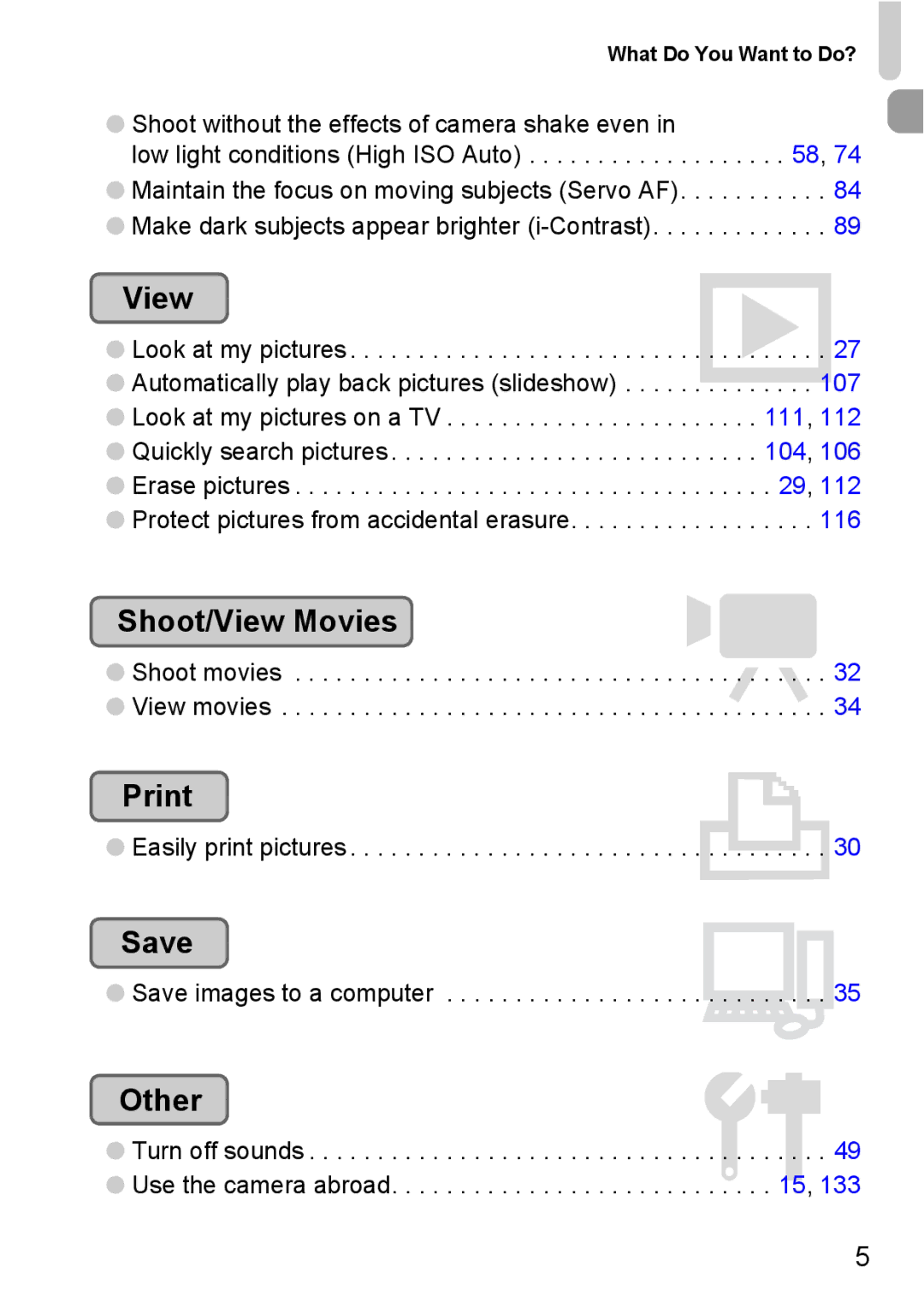 Canon 990 IS manual Shoot/View Movies, Print, Save, Other 