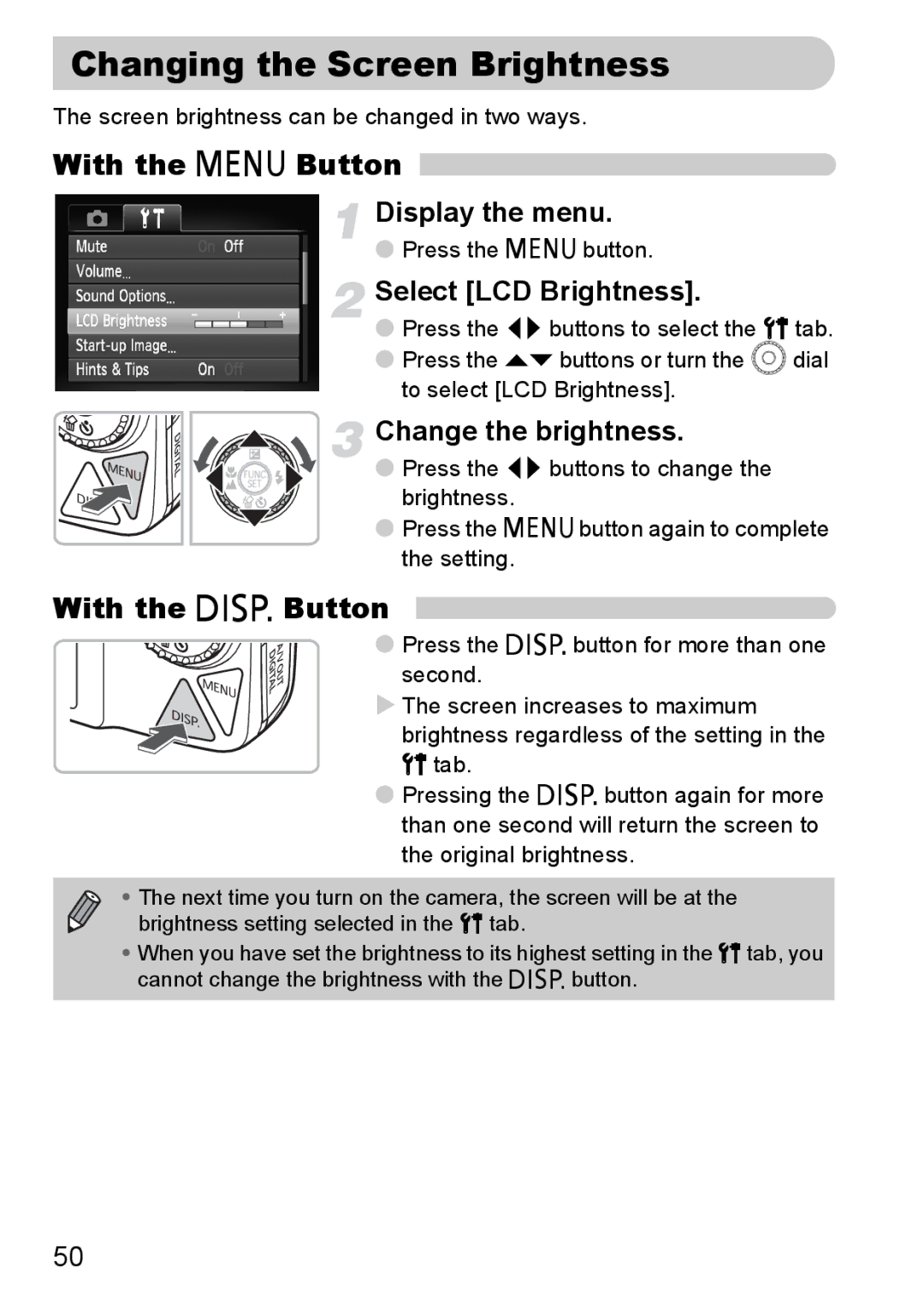 Canon 990 IS manual Changing the Screen Brightness, With the n Button, With the l Button, Select LCD Brightness 