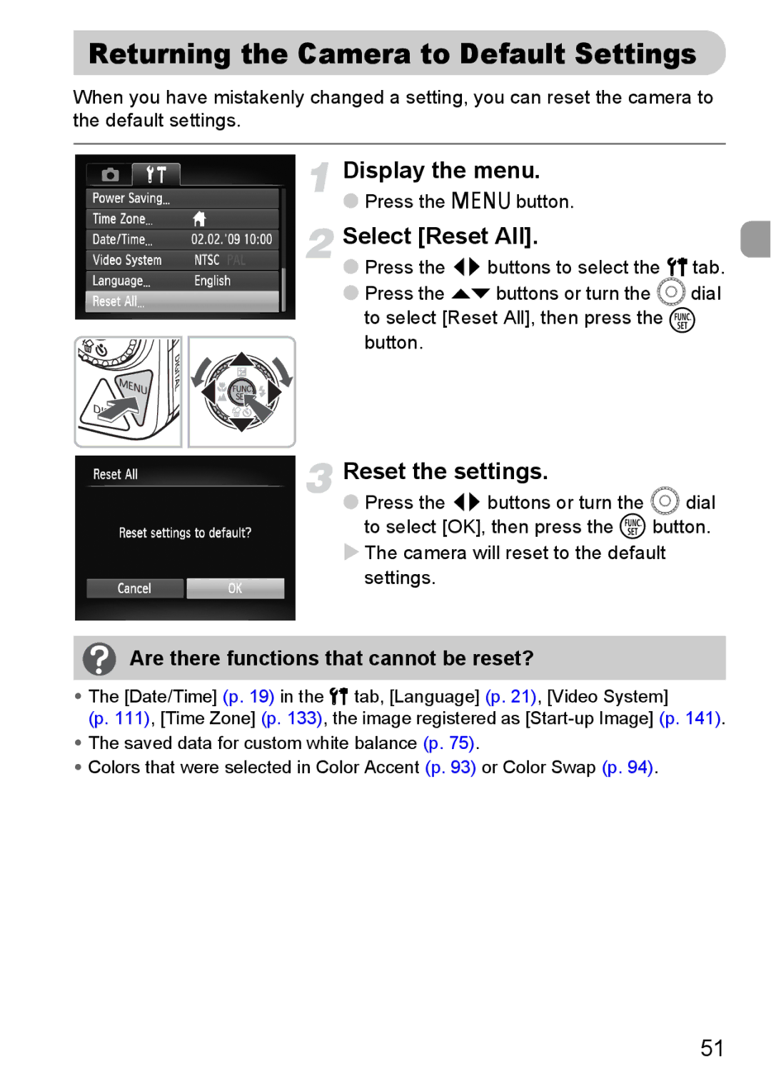 Canon 990 IS manual Returning the Camera to Default Settings, Select Reset All, Reset the settings 